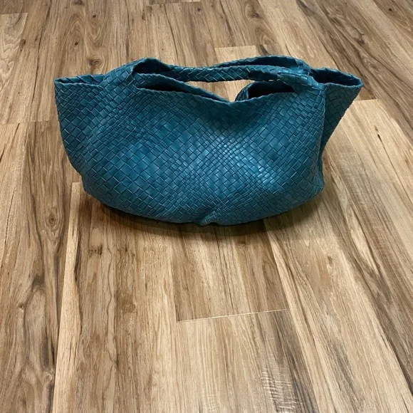 FALOR WOVEN ITALIAN SUPPLE LEATHER HANDBAG ITALIA TEAL W/ COIN POUCH ELEGANT EUC - Picture 6 of 14